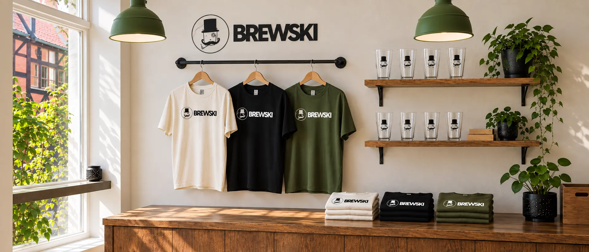 Brewski-t-shirts och glas på trähyllor under gröna taklampor.